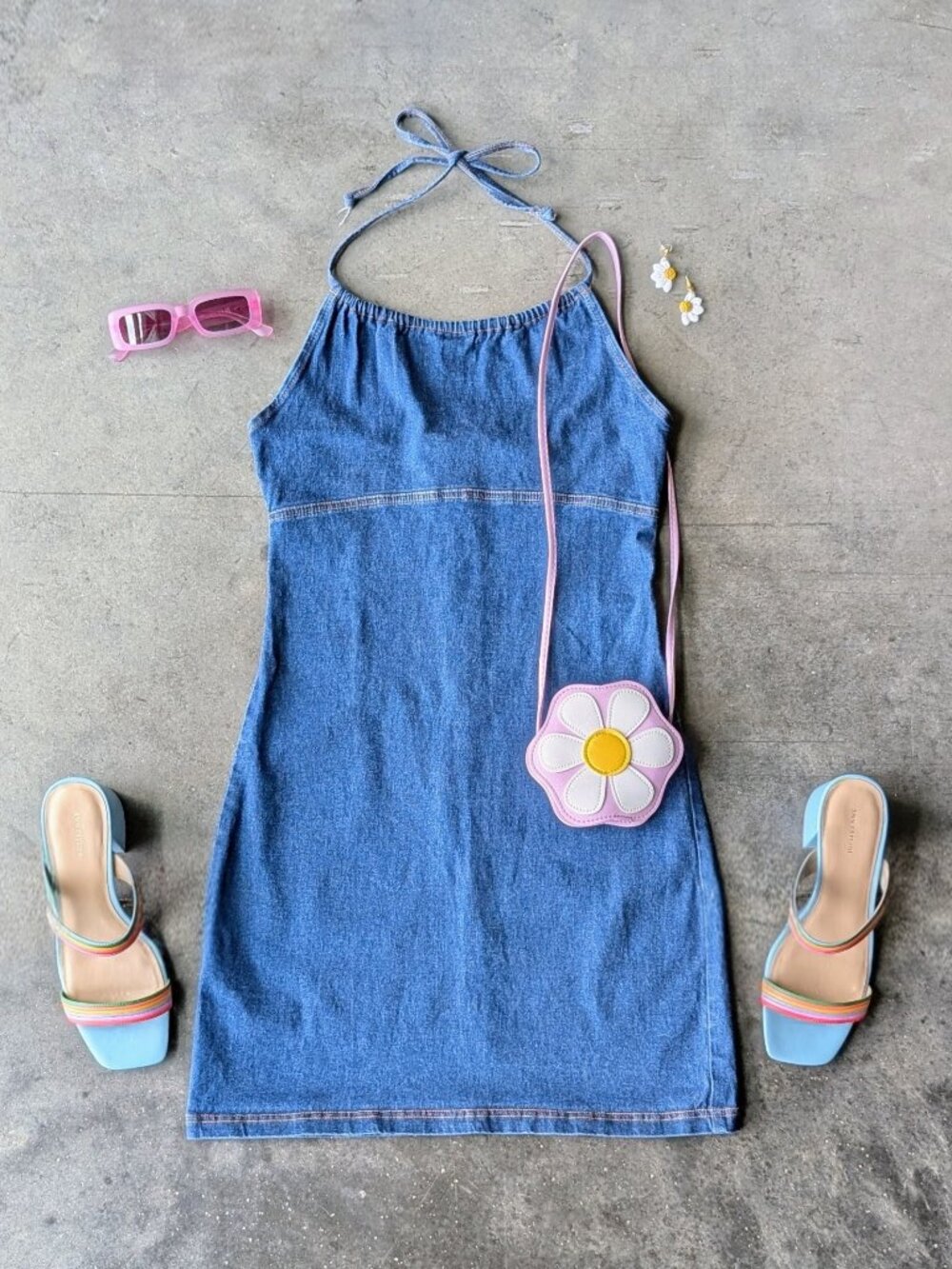 Vintage Y2K Xhilaration Blue Denim Halter Mini Dress medium